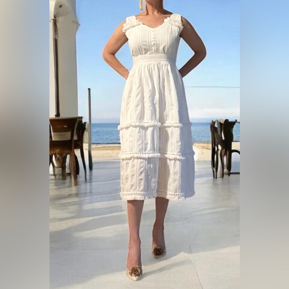 Ellison White Tiered Eyelet Midi Dress